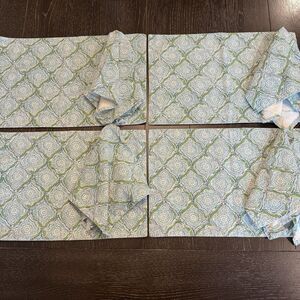 Set Of 4 Blue Green & White Block Print Placemats & Cloth Napkins Boho Print